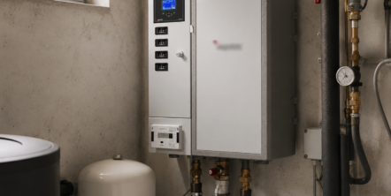 Moderne Fernwärme-Hausübergabestation in einem Heizkeller an der Wand montiert mit angeschlossenen Rohrleitungen und Steuerungseinheit.