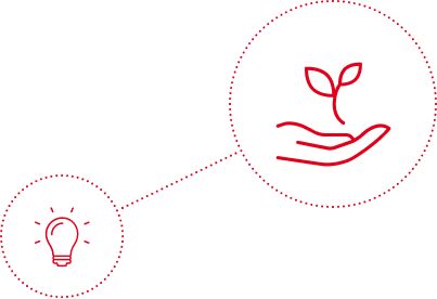 Illustration einer offenen Handfläche mit einer Pflanze und leuchtenden Glühbirne