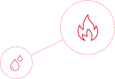 Illustration einer Flamme und zwei Wassertropfen