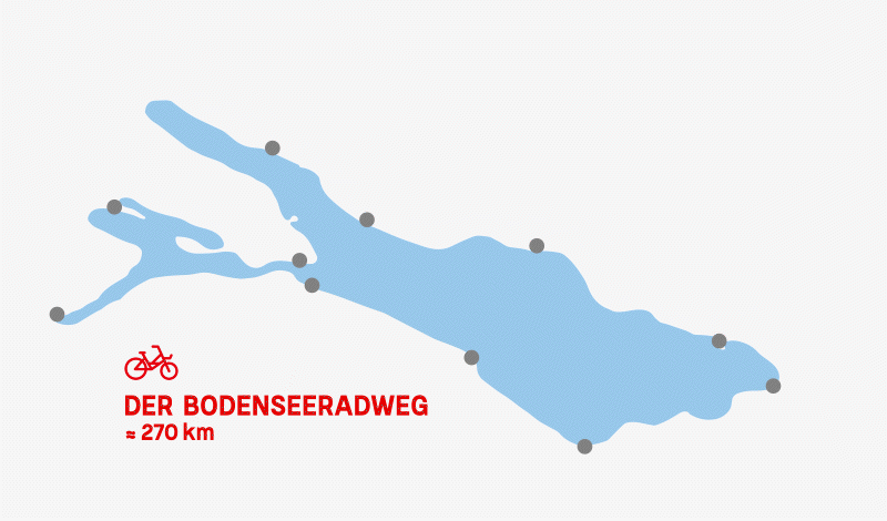 Animation mit Bodenseekarte. Der Bodenseeradweg hat eine Länge von rund 270 Kilometern. Der Fahrpreis für eine Überfahrt mit der Fähre Konstanz-Meersburg mit dem Fahrrad ist inklusive Person.
