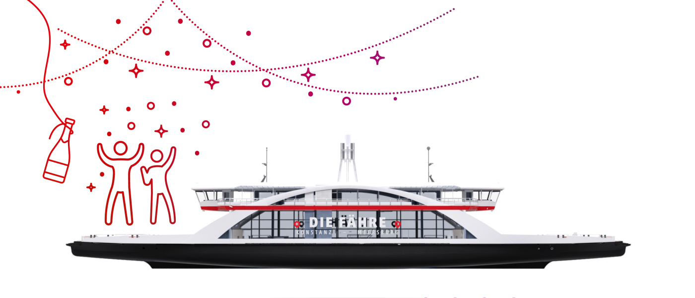 Grafik der neuen LNG-Fähre vor rotem Hintergrund für die Fährtaufe am 17. Juni 2023.