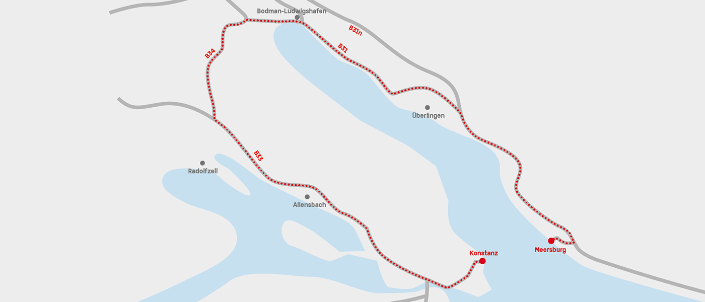 Karte mit angezeichneter Umfahrung Konstanz nach Meersburg.